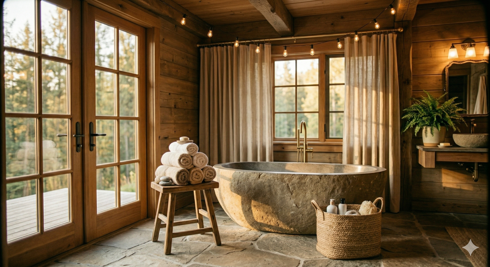 Baño de cabaña decorado con materiales naturales y toallas de algodon