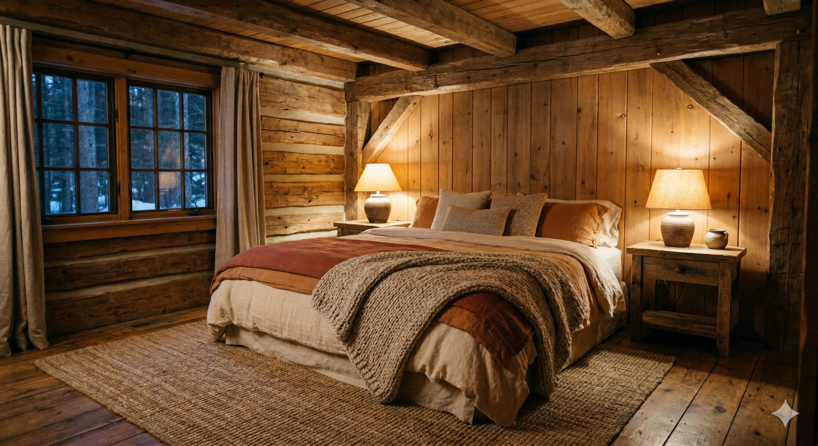 Dormitorio de cabaña con ropa de cama acogedora y decoracion armoniosa