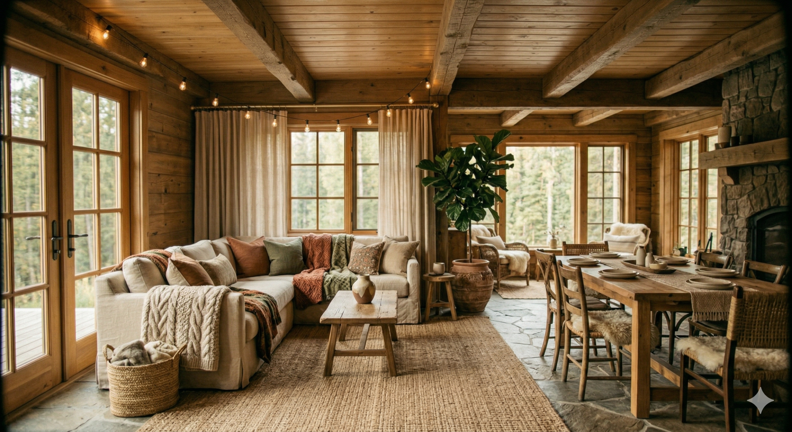 Interior completo de cabaña decorada con textiles acogedores y madera natural