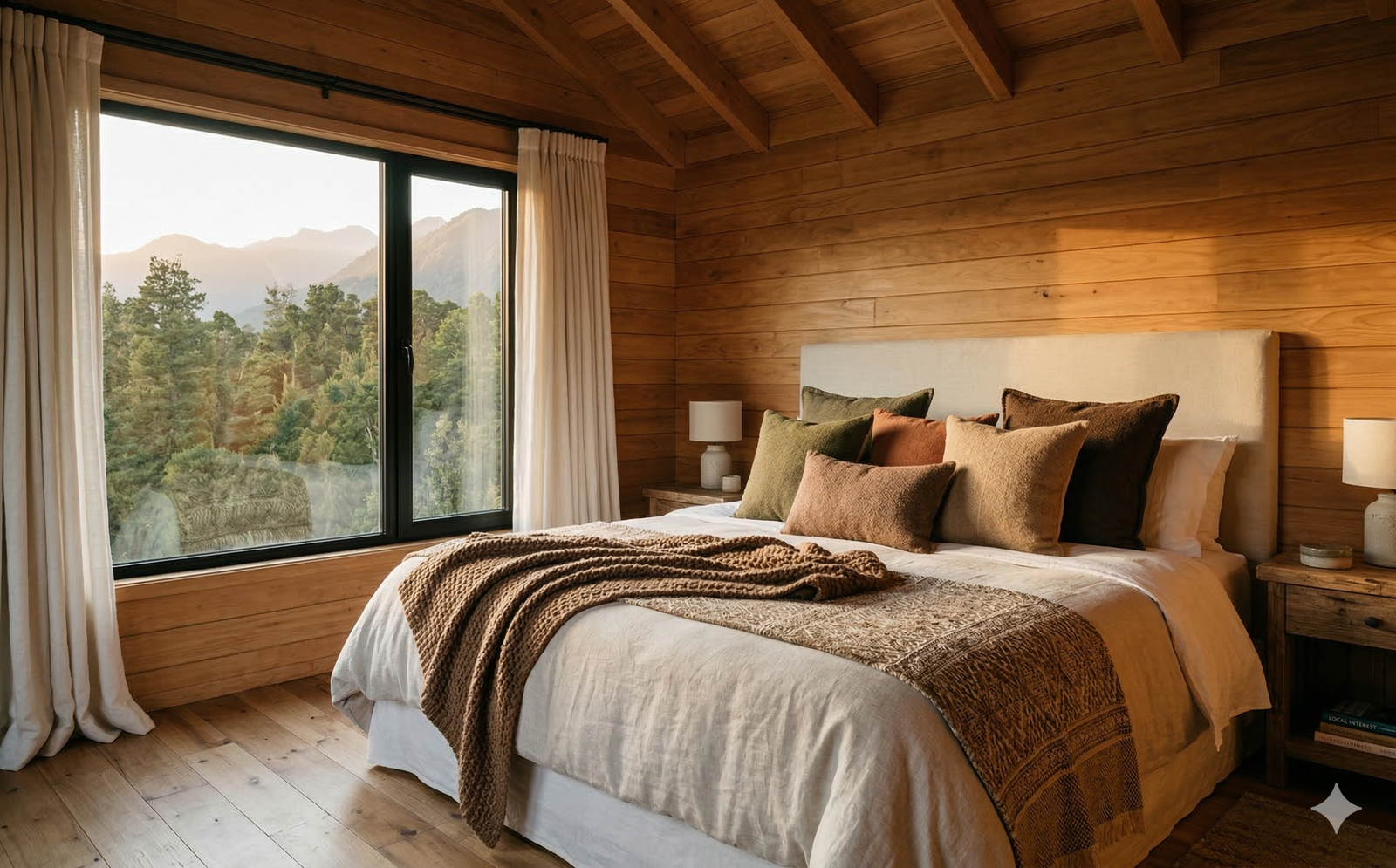 Cabaña de madera con decoracion rustica elegante y textiles calidos