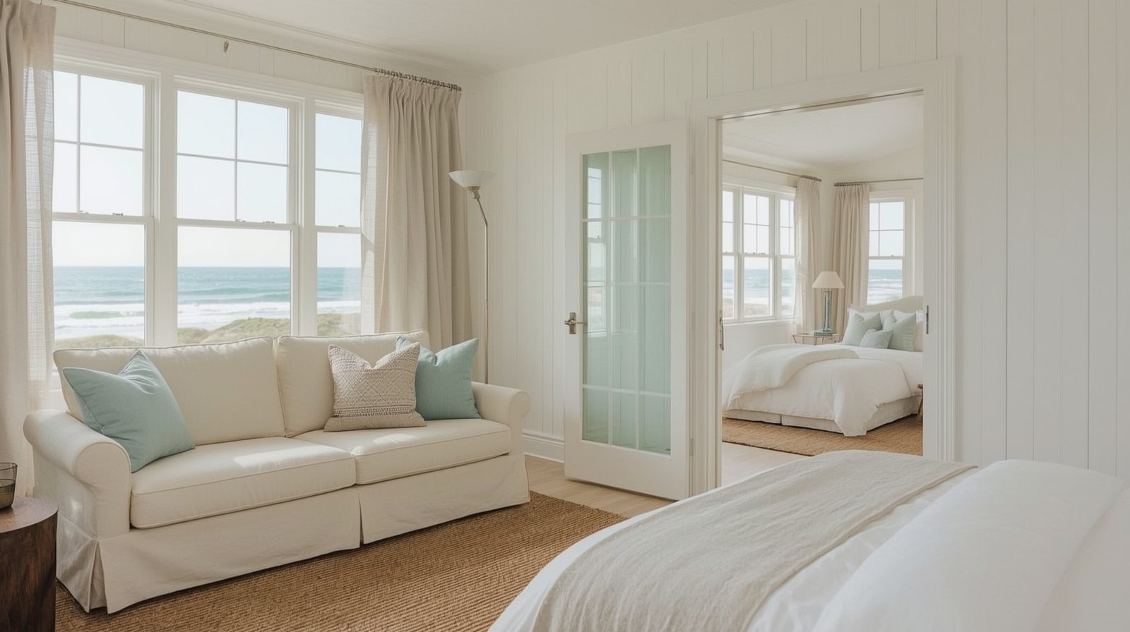 Cabaña de playa decorada con tonos claros y materiales frescos en Chile