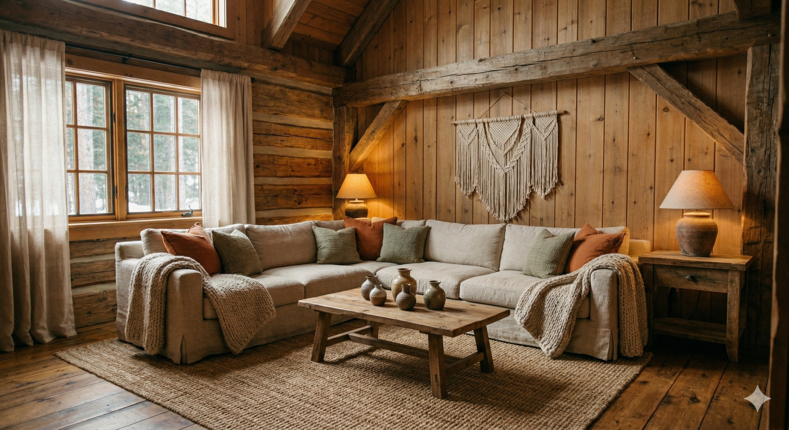 Rincon de lectura en cabaña con sillon acogedor y mantas de lana