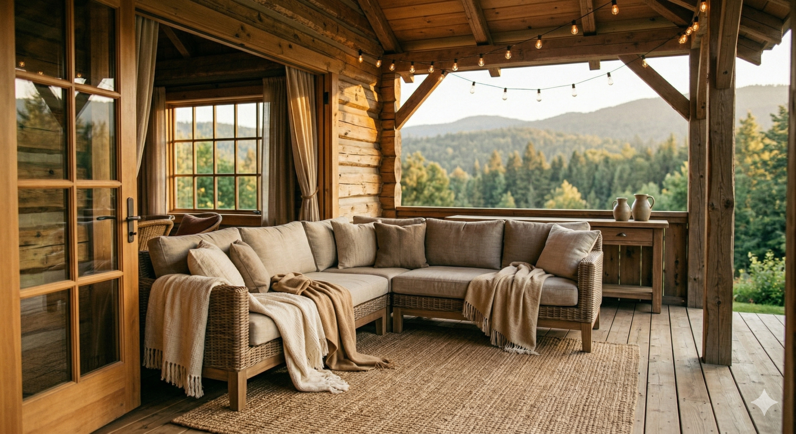 Terraza cubierta de cabaña decorada con muebles de exterior y cojines