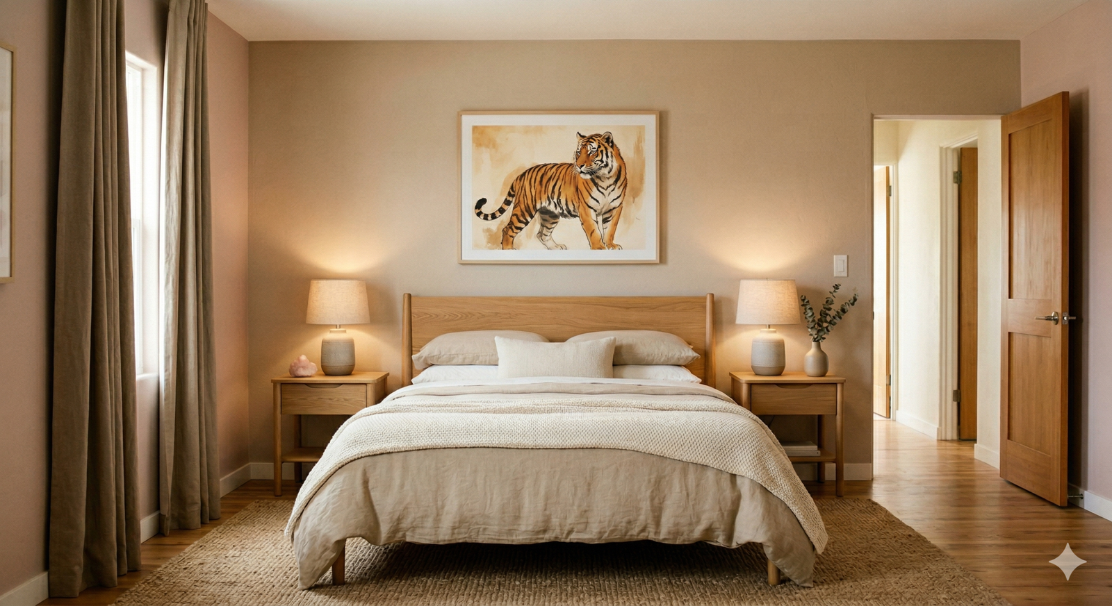 Habitación decorada con equilibrio Feng Shui usando materiales naturales y luz cálida