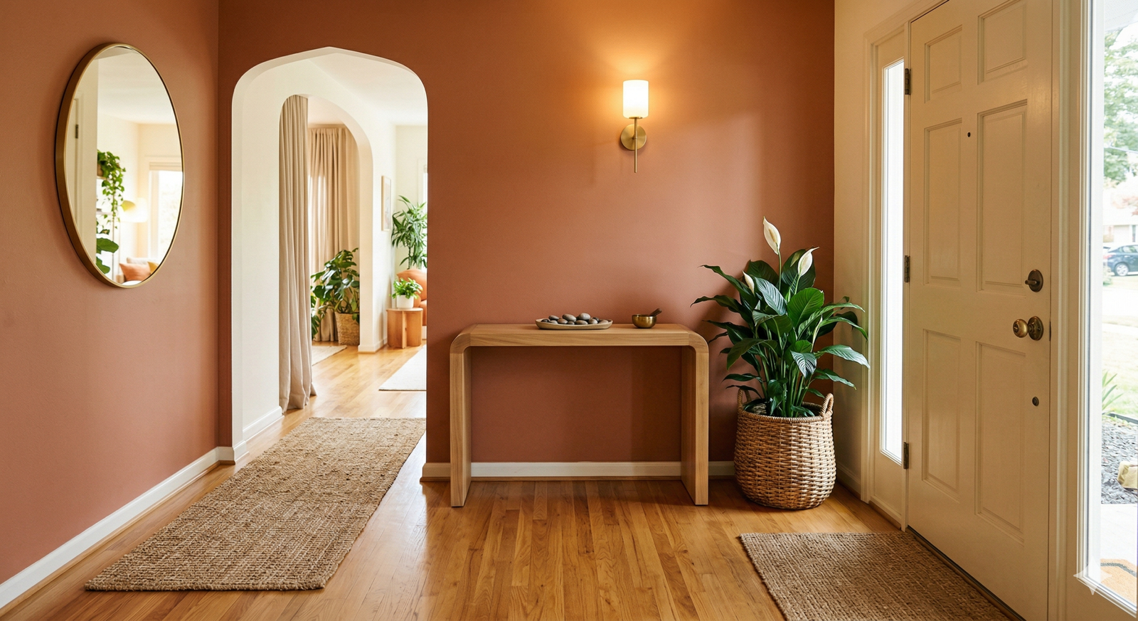 Recibidor de hogar decorado con Feng Shui plantas naturales y espejo estratégico