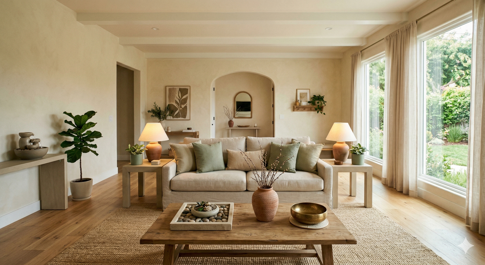 Living decorado con Feng Shui en tonos naturales y flujo de energía armonioso