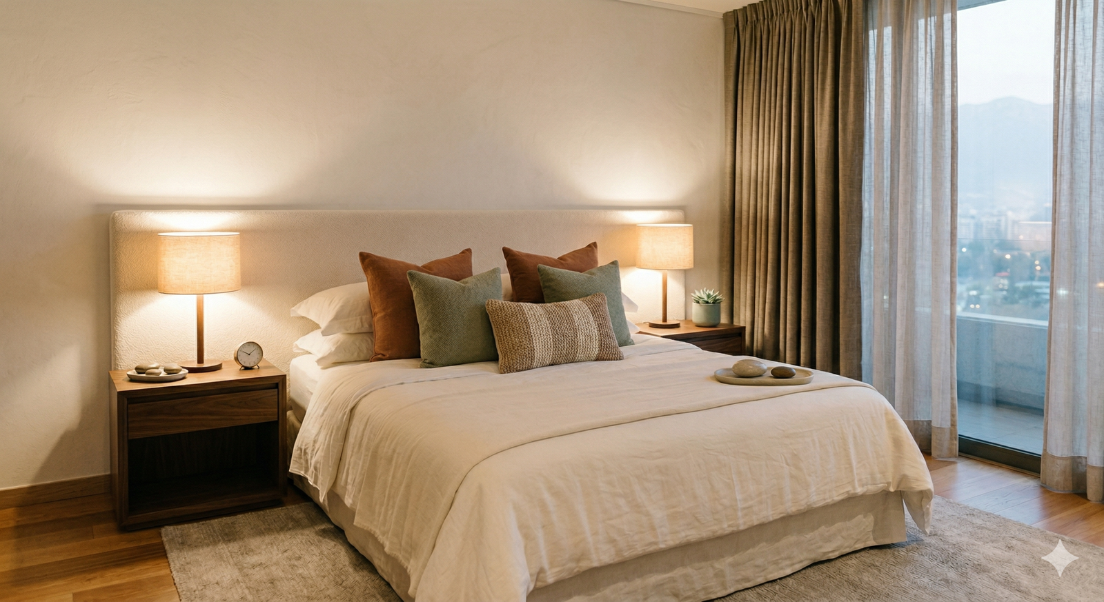 Habitación de hotel con cama king decorada con textiles de lujo y diseño elegante
