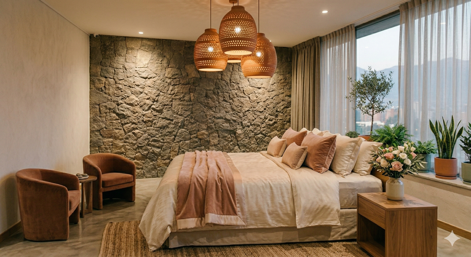 Suite matrimonial de hotel con muro de piedra y decoración romántica exclusiva
