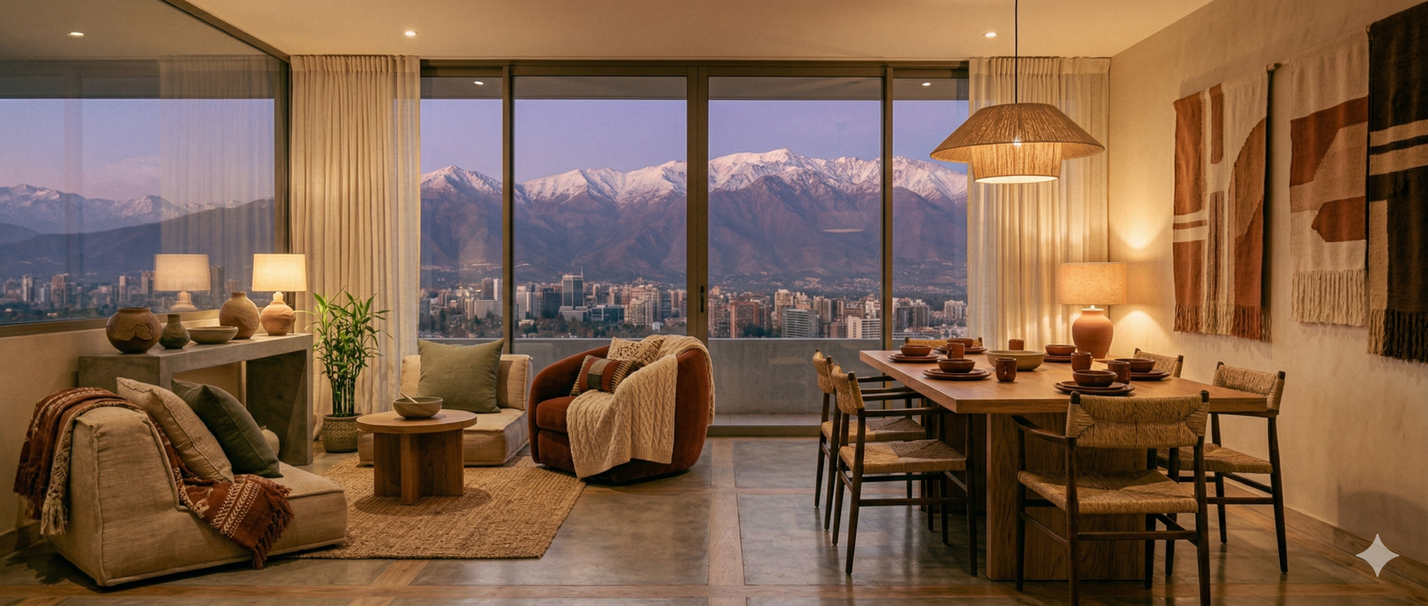 Decoración de living comedor con integración de Feng Shui en hogar de Santiago