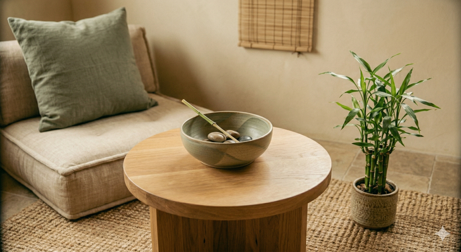 Mesa de centro minimalista en sala de estar decorada con detalle