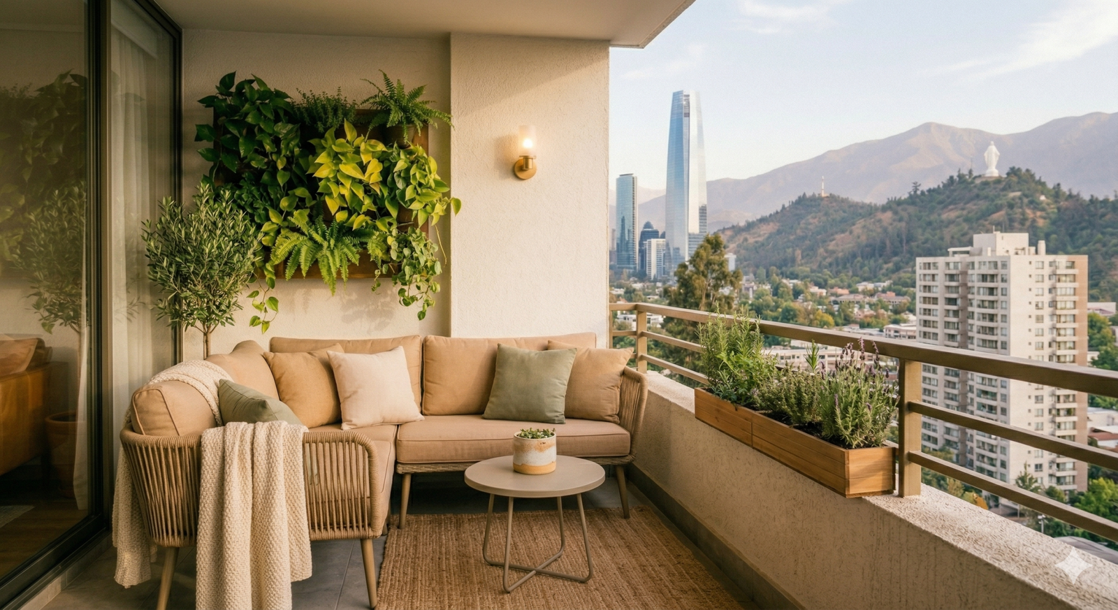 Terraza con vista a Costanera Center decorada con estilo urbano contemporaneo