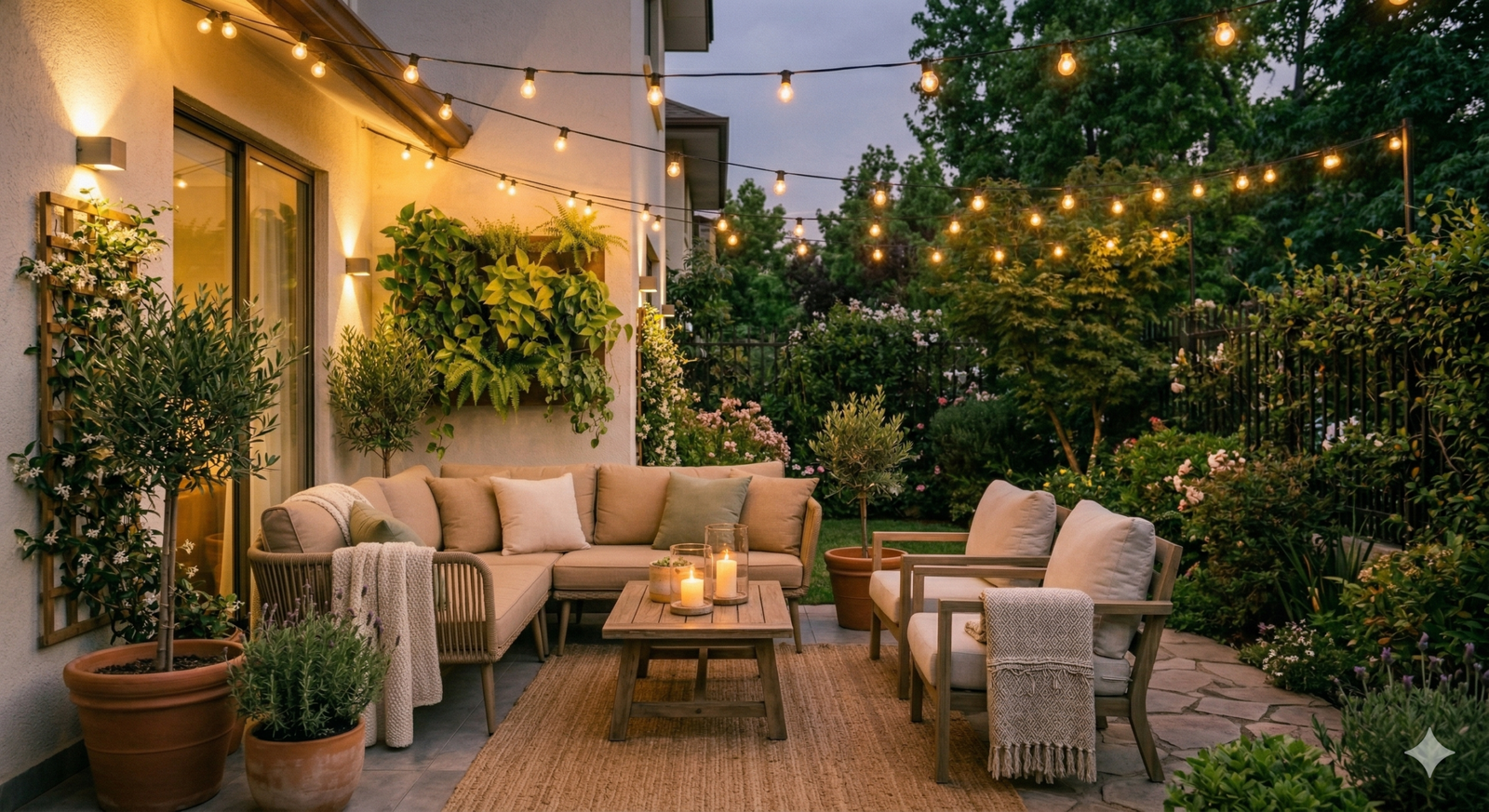 Terraza interior decorada con ambiente acogedor iluminación cálida y textiles resistentes