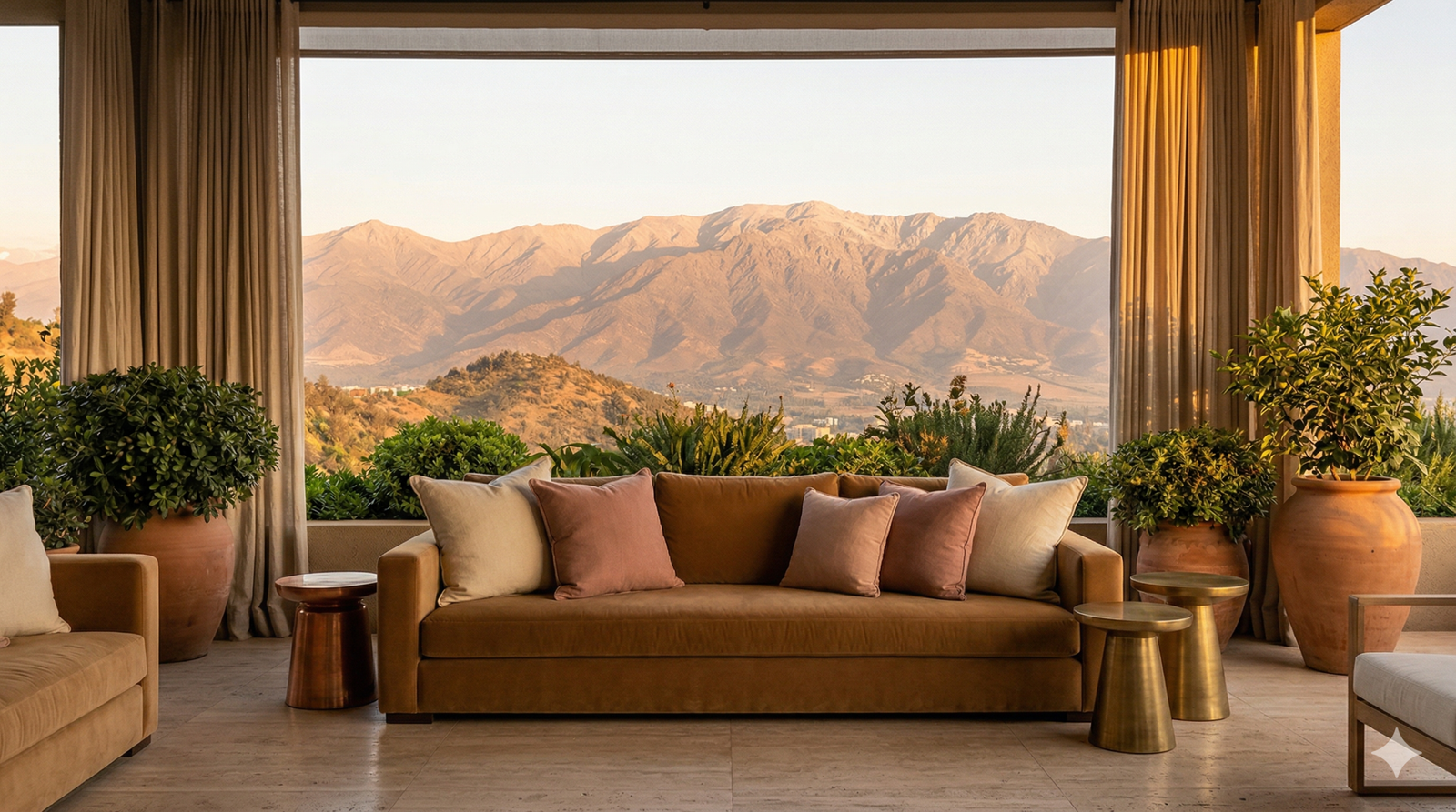 Terraza decorada con vista a la montana y ambiente de descanso en Santiago