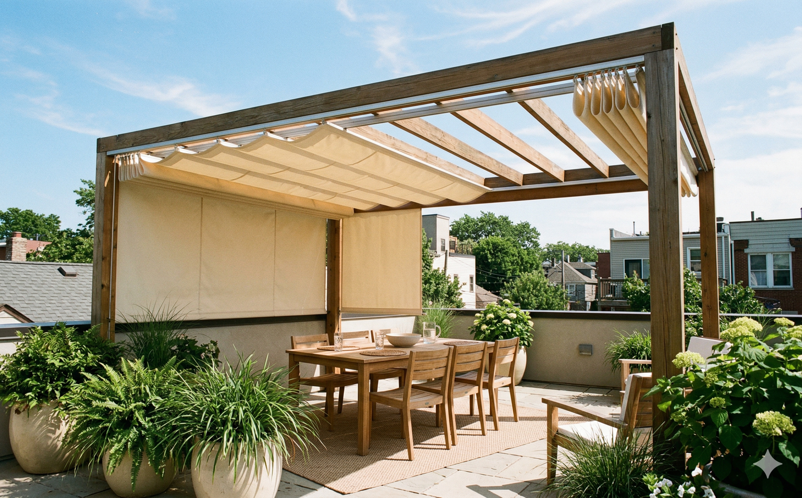 Pergola con techo retractil para terraza proteccion sol y lluvia a medida