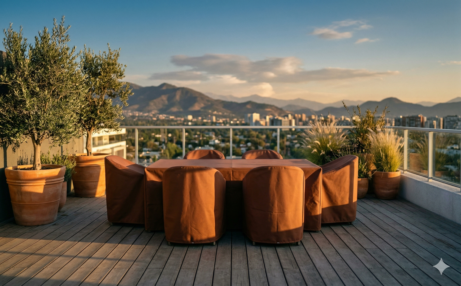 Fundas a medida para balcon en color ladrillo protegiendo muebles de exterior