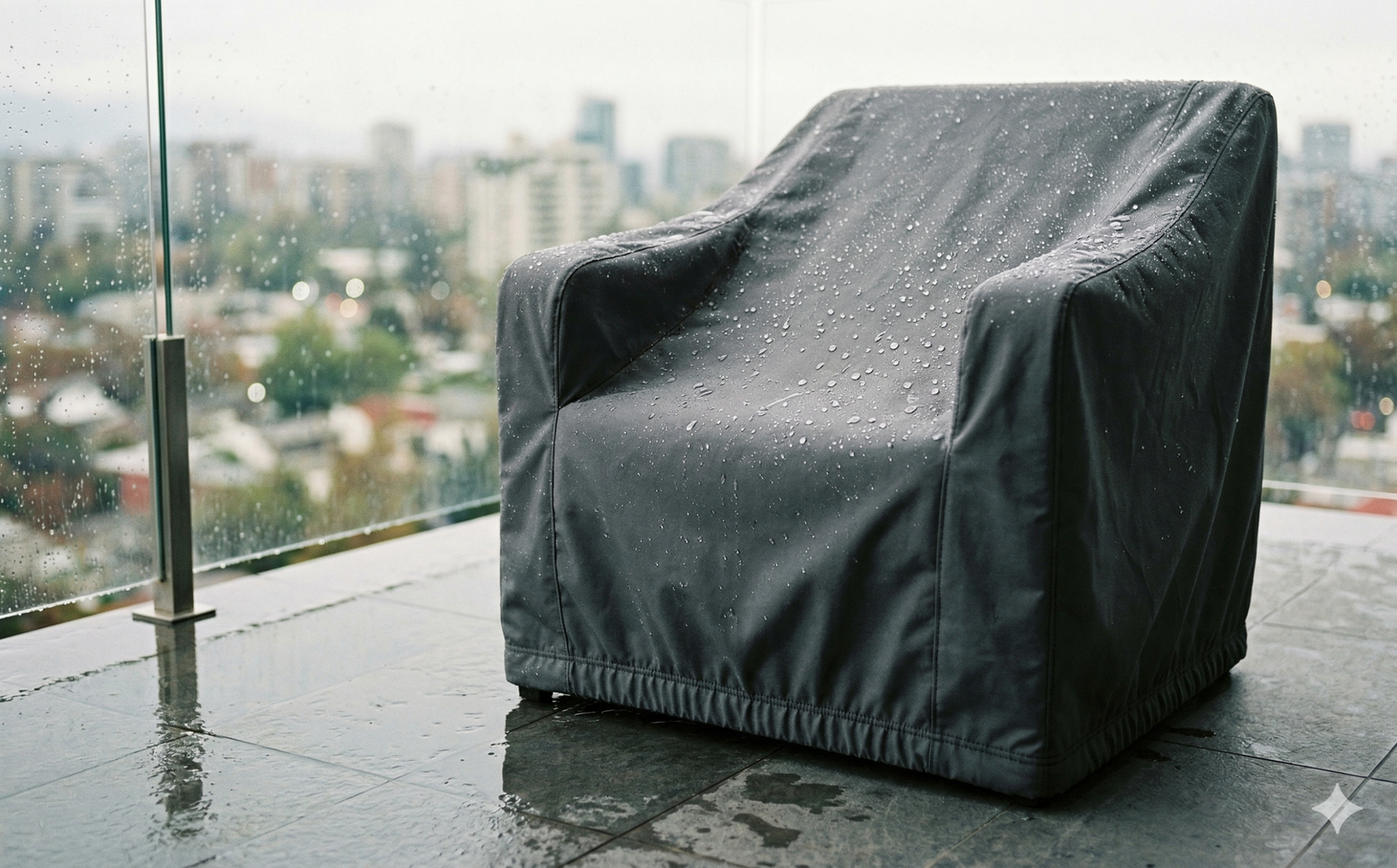 Funda negra impermeable para muebles de terraza protegiendo bajo la lluvia