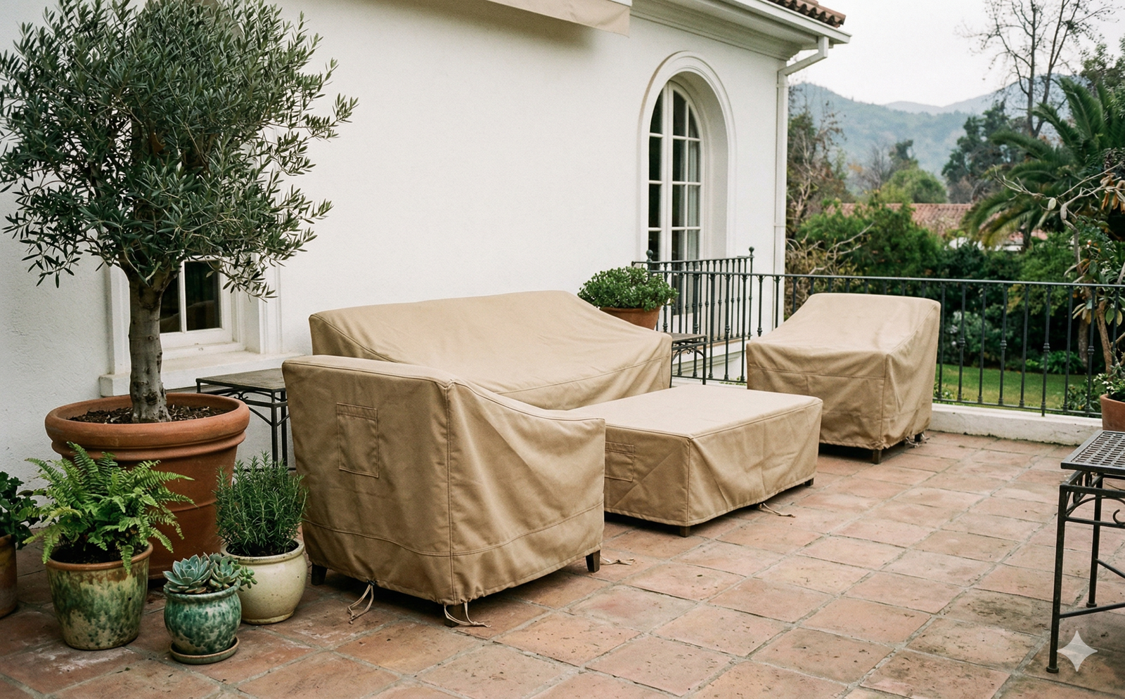Funda a medida para muebles de terraza en color arena de tela resistente al clima