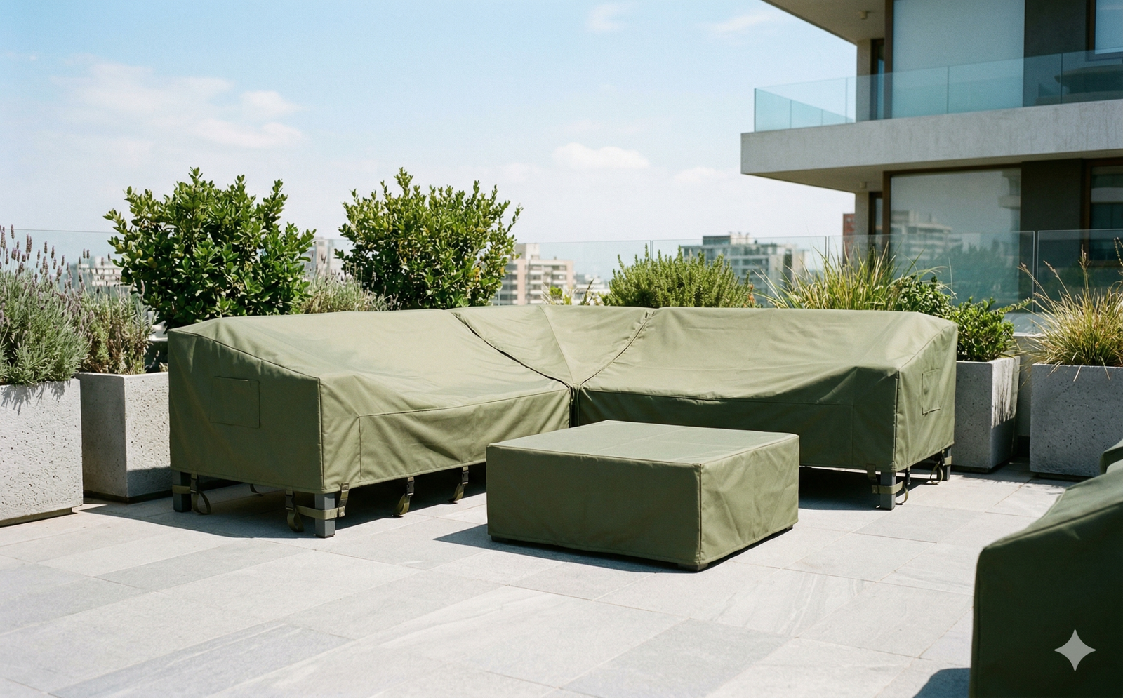 Fundas protectoras de muebles de terraza a medida en color oliva resistente al agua