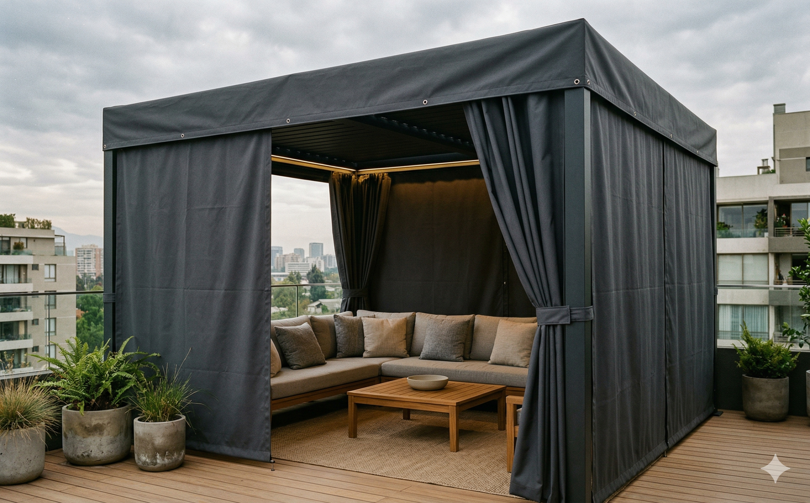 Terraza con muebles impecables protegidos por fundas impermeables a medida de alta calidad